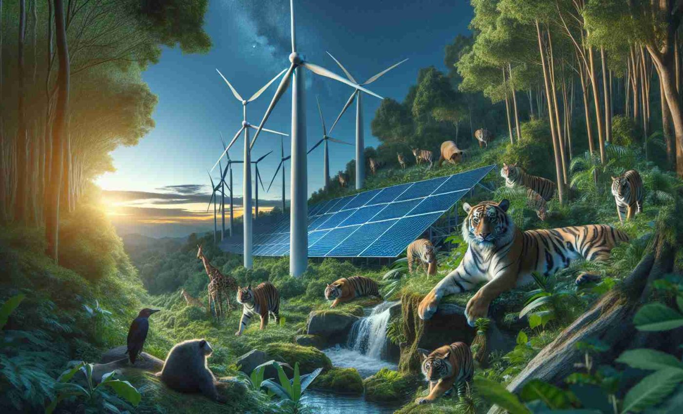 Generate a realistic and high-definition image that depicts the potential risks a new renewable energy project might pose to ecological balance. This can include visual elements like a wind farm or solar power panels installed in a verdant forest, with wild animals nearby appearing distressed or disrupted, and some plant life being overshadowed or damaged. Use an evening lighting to highlight the direct impact on nature.