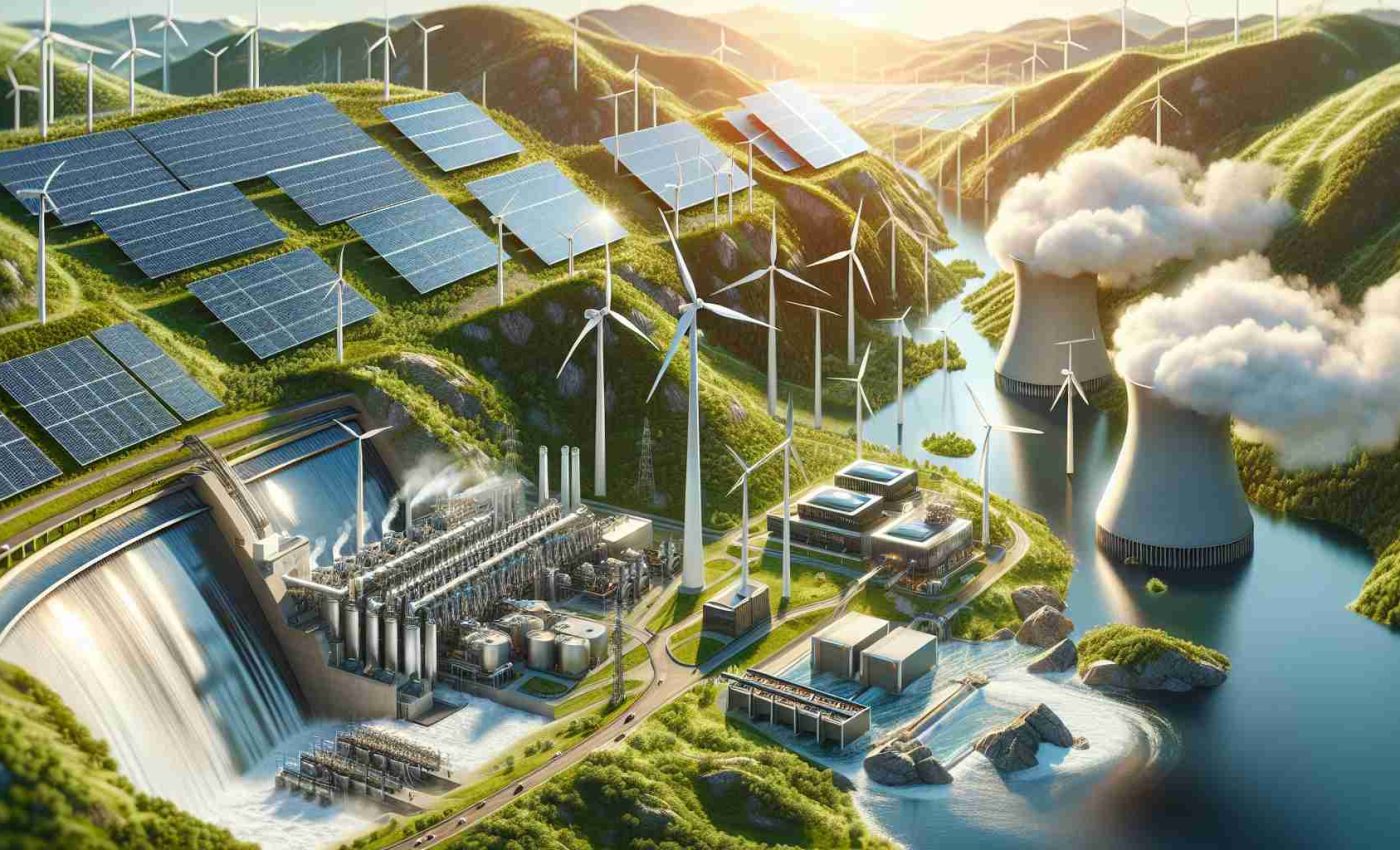 Detailed and realistic high-definition image showcasing advancements in sustainable energy solutions. The scene should include an array of solar panels gleaming under the sunlight, a cluster of wind turbines strategically placed on a verdant hill, and a hydroelectric dam harnessing the energy of a rushing river. It would also show a high-tech geothermal plant with its swirling steam towers, and a modern bioenergy facility processing organic waste. These technological marvels will be encapsulated within a clean, green, and sustainable environment, symbolizing a brighter and more environmentally friendly future.