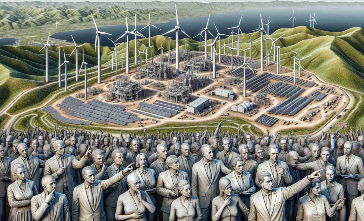 A highly detailed image of a renewable energy project situated in an undulating landscape. Visible structures include wind turbines, solar panels and possibly geothermal installations. An array of detailed human figures are present showing a variety of expressions from intrigue to incredulity, pointing, discussing and gesturing towards the project. These figures are a mix of genders, with at least one female and one male. They represent local government officials, showcasing diversity in their descent, including Caucasian and Middle-Eastern individuals. The overall atmosphere conveys an element of controversy and debate.