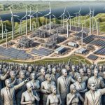 A highly detailed image of a renewable energy project situated in an undulating landscape. Visible structures include wind turbines, solar panels and possibly geothermal installations. An array of detailed human figures are present showing a variety of expressions from intrigue to incredulity, pointing, discussing and gesturing towards the project. These figures are a mix of genders, with at least one female and one male. They represent local government officials, showcasing diversity in their descent, including Caucasian and Middle-Eastern individuals. The overall atmosphere conveys an element of controversy and debate.