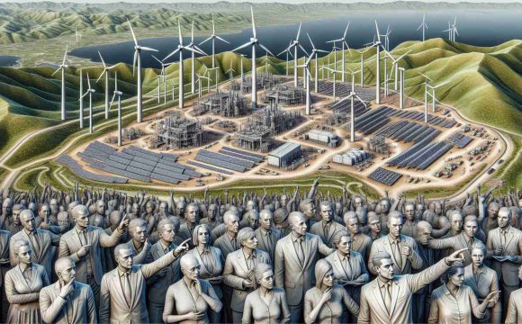 A highly detailed image of a renewable energy project situated in an undulating landscape. Visible structures include wind turbines, solar panels and possibly geothermal installations. An array of detailed human figures are present showing a variety of expressions from intrigue to incredulity, pointing, discussing and gesturing towards the project. These figures are a mix of genders, with at least one female and one male. They represent local government officials, showcasing diversity in their descent, including Caucasian and Middle-Eastern individuals. The overall atmosphere conveys an element of controversy and debate.