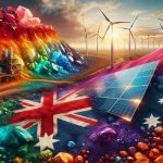 An ultra high-definition, realistic image representing the push for renewable energy in Australia, fueled by the country's vast mineral resources. The scene should depict a large solar panel array or wind turbines, juxtaposed beside a richly colored, visually striking mineral deposit. The vibrant hues of minerals should shine under the Australian sun, symbolizing the wealth they bring. Meanwhile the renewable energy structures in the background should signify the transition towards green energy solutions. The contrasting elements should come together to form a compelling visual narrative of a country leveraging its natural resources for a sustainable future.