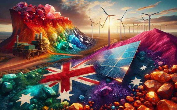 An ultra high-definition, realistic image representing the push for renewable energy in Australia, fueled by the country's vast mineral resources. The scene should depict a large solar panel array or wind turbines, juxtaposed beside a richly colored, visually striking mineral deposit. The vibrant hues of minerals should shine under the Australian sun, symbolizing the wealth they bring. Meanwhile the renewable energy structures in the background should signify the transition towards green energy solutions. The contrasting elements should come together to form a compelling visual narrative of a country leveraging its natural resources for a sustainable future.