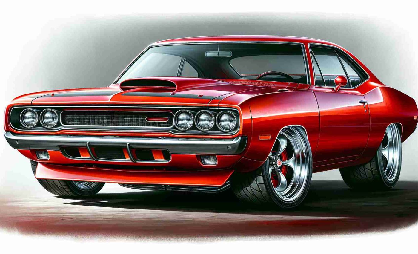 HD realistic painting of a revamped classic muscle car in a vibrant red color. The car features a streamlined body, bulging wheels, flashy headlights, and an intimidating grille. Paying homage to the historical significance of muscle cars, yet infused with modern design nuances, this car is a sight to behold.