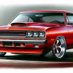 HD realistic painting of a revamped classic muscle car in a vibrant red color. The car features a streamlined body, bulging wheels, flashy headlights, and an intimidating grille. Paying homage to the historical significance of muscle cars, yet infused with modern design nuances, this car is a sight to behold.