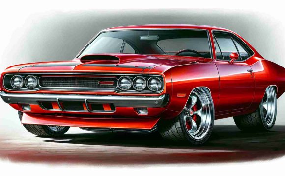 HD realistic painting of a revamped classic muscle car in a vibrant red color. The car features a streamlined body, bulging wheels, flashy headlights, and an intimidating grille. Paying homage to the historical significance of muscle cars, yet infused with modern design nuances, this car is a sight to behold.