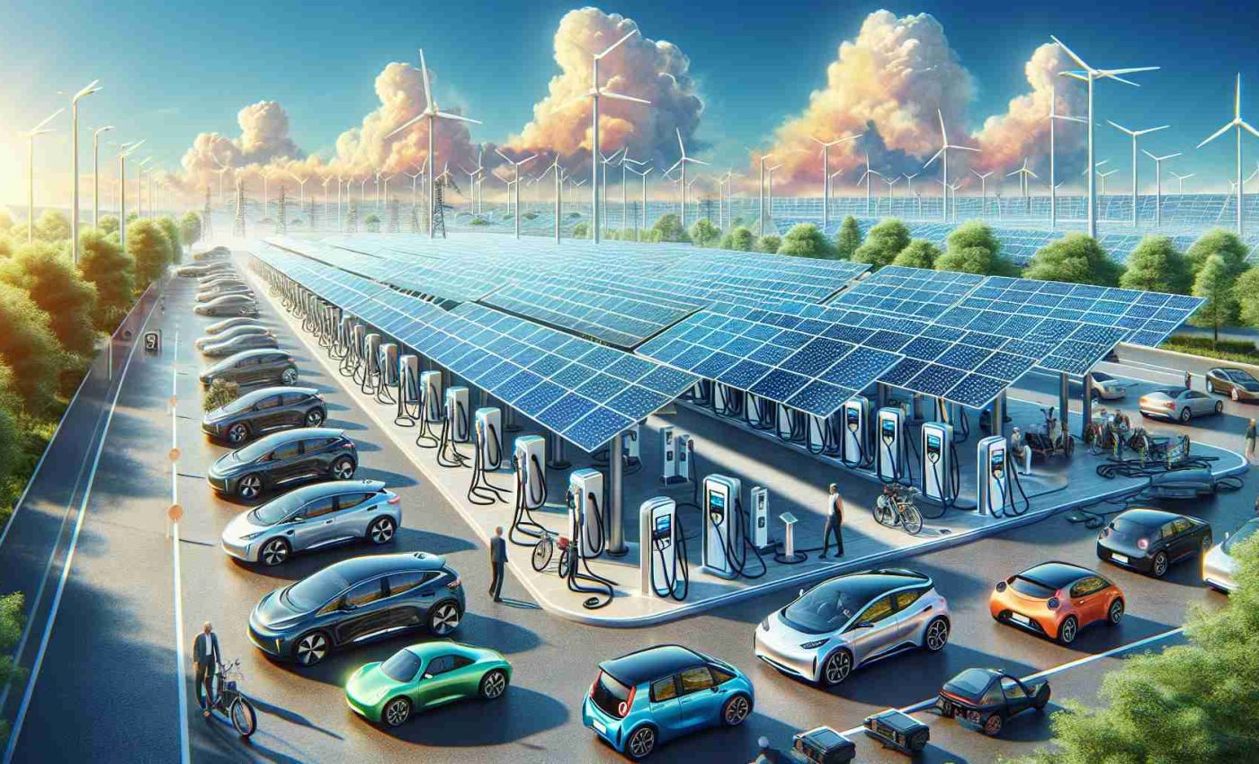 Detailed depiction of the future of sustainable transportation: a range of solar-powered electric vehicle charging stations, each fitted with expansive, high-tech photovoltaic panels that harness energy from the sun. The background highlights a vibrant blue sky with scattered puffy clouds, indicating ideal weather for solar power absorption. Around the charging stations, a few electric vehicles of different models and colors can be seen, owned by a diversity of drivers: an elderly Caucasian woman, a young Hispanic man, a middle-aged Black man, and a South Asian woman in her thirties. This should be a realistic and high-definition image.