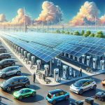 Detailed depiction of the future of sustainable transportation: a range of solar-powered electric vehicle charging stations, each fitted with expansive, high-tech photovoltaic panels that harness energy from the sun. The background highlights a vibrant blue sky with scattered puffy clouds, indicating ideal weather for solar power absorption. Around the charging stations, a few electric vehicles of different models and colors can be seen, owned by a diversity of drivers: an elderly Caucasian woman, a young Hispanic man, a middle-aged Black man, and a South Asian woman in her thirties. This should be a realistic and high-definition image.