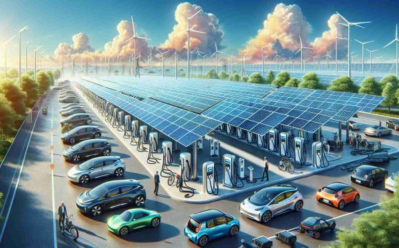 Detailed depiction of the future of sustainable transportation: a range of solar-powered electric vehicle charging stations, each fitted with expansive, high-tech photovoltaic panels that harness energy from the sun. The background highlights a vibrant blue sky with scattered puffy clouds, indicating ideal weather for solar power absorption. Around the charging stations, a few electric vehicles of different models and colors can be seen, owned by a diversity of drivers: an elderly Caucasian woman, a young Hispanic man, a middle-aged Black man, and a South Asian woman in her thirties. This should be a realistic and high-definition image.