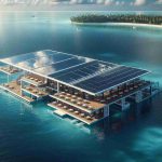 A detailed and realistic high-definition image of an innovative solar powered restaurant that floats on the shimmering blue waters of the Caribbean Sea. The restaurant is extremely modern, featuring sleek and reflective solar panels on the rooftop which absorbs sunlight for energy. It is designed in such a way that aligns it with the concept of sustainable development, and is anchored steadily amidst the rhythmic Caribbean tides. The horizon is graced by the breathtaking view of coconut and palm trees in the distance.