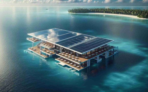 A detailed and realistic high-definition image of an innovative solar powered restaurant that floats on the shimmering blue waters of the Caribbean Sea. The restaurant is extremely modern, featuring sleek and reflective solar panels on the rooftop which absorbs sunlight for energy. It is designed in such a way that aligns it with the concept of sustainable development, and is anchored steadily amidst the rhythmic Caribbean tides. The horizon is graced by the breathtaking view of coconut and palm trees in the distance.