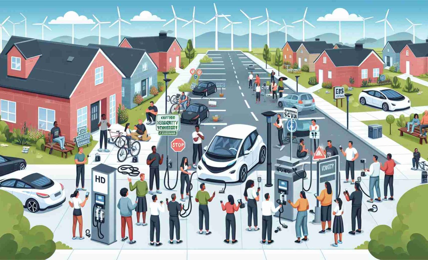 An HD image showing a vignette of community action to counteract electric vehicle vandalism activity. It should depict a racially diverse group of individuals actively participating in initiatives like installing security cameras, organizing neighborhood watch groups, or conducting awareness seminars. There should be signs of unity and determination among the varied participants. The backdrop could include a suburban street lined up with EV charging stations, and in the background, one can see clean energy windmills. The overall atmosphere should evoke a sense of cooperation and environmental responsibility.