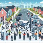 An HD image showing a vignette of community action to counteract electric vehicle vandalism activity. It should depict a racially diverse group of individuals actively participating in initiatives like installing security cameras, organizing neighborhood watch groups, or conducting awareness seminars. There should be signs of unity and determination among the varied participants. The backdrop could include a suburban street lined up with EV charging stations, and in the background, one can see clean energy windmills. The overall atmosphere should evoke a sense of cooperation and environmental responsibility.