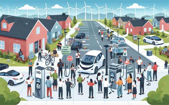 An HD image showing a vignette of community action to counteract electric vehicle vandalism activity. It should depict a racially diverse group of individuals actively participating in initiatives like installing security cameras, organizing neighborhood watch groups, or conducting awareness seminars. There should be signs of unity and determination among the varied participants. The backdrop could include a suburban street lined up with EV charging stations, and in the background, one can see clean energy windmills. The overall atmosphere should evoke a sense of cooperation and environmental responsibility.