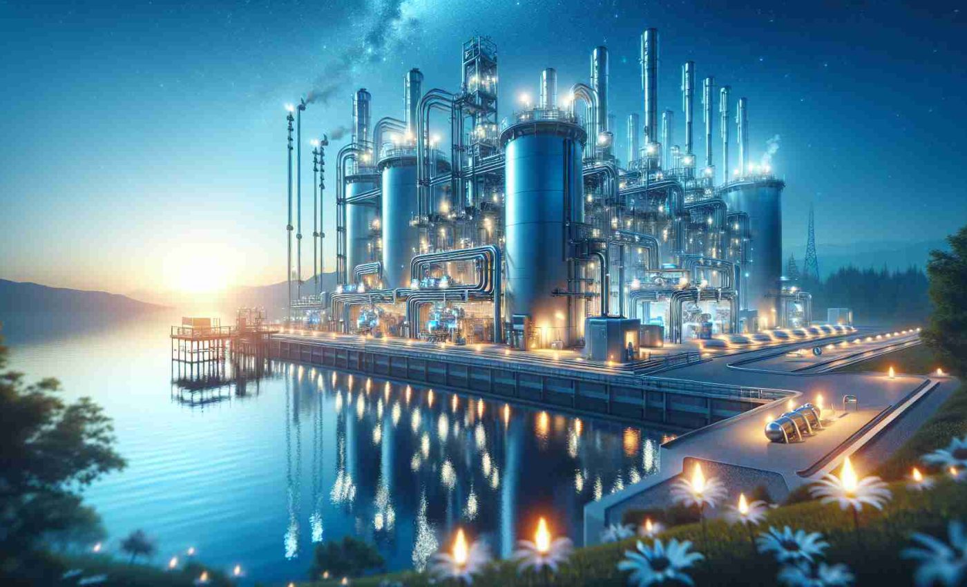 A high-definition, photo-realistic depiction highlighting the revolution in energy solutions; specifically focusing on emerging sustainable hydrogen innovations. Conceptualize this scene by showcasing technologically advanced, futuristic hydrogen processing infrastructures set in a serene environment to underscore sustainability. Demonstrate the cycle of production, storage, and usage of hydrogen energy. Ensure vivid detailing to signify clarity and progression in sustainable technologies.