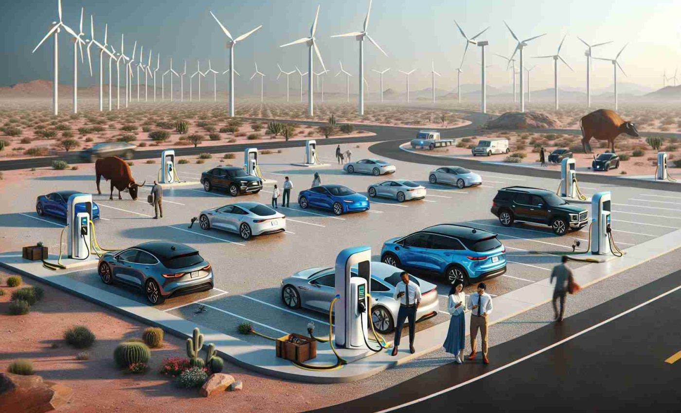 A realistic, high-definition image illustrating the concept of trailblazing electric vehicle charging infrastructure in Texas. The scene should feature a spacious parking lot surrounded by wind turbines, emphasizing the source of renewable energy. In the lot, visualize a diverse range of electric cars connected to high-tech, futuristic charging stations. Sprinkle in some people of various descents and genders – a black woman unplugging her car, a South Asian man checking the charging status on his phone, and a Caucasian couple is admiring their newly charged car. To pinpoint the location, Texas’s iconic features should be subtly hinted, such as an expansive desert landscape in the background or a longhorn cattle grazing nearby.