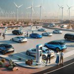 A realistic, high-definition image illustrating the concept of trailblazing electric vehicle charging infrastructure in Texas. The scene should feature a spacious parking lot surrounded by wind turbines, emphasizing the source of renewable energy. In the lot, visualize a diverse range of electric cars connected to high-tech, futuristic charging stations. Sprinkle in some people of various descents and genders – a black woman unplugging her car, a South Asian man checking the charging status on his phone, and a Caucasian couple is admiring their newly charged car. To pinpoint the location, Texas’s iconic features should be subtly hinted, such as an expansive desert landscape in the background or a longhorn cattle grazing nearby.