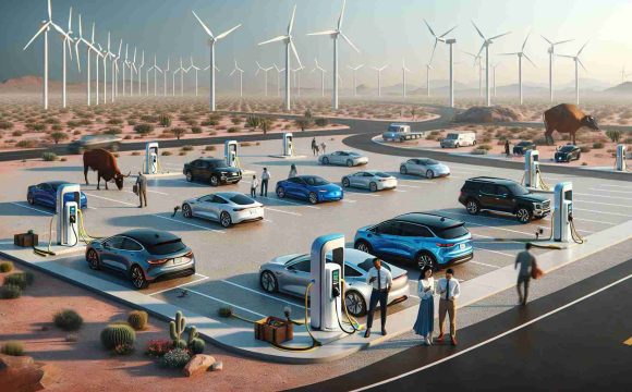 A realistic, high-definition image illustrating the concept of trailblazing electric vehicle charging infrastructure in Texas. The scene should feature a spacious parking lot surrounded by wind turbines, emphasizing the source of renewable energy. In the lot, visualize a diverse range of electric cars connected to high-tech, futuristic charging stations. Sprinkle in some people of various descents and genders – a black woman unplugging her car, a South Asian man checking the charging status on his phone, and a Caucasian couple is admiring their newly charged car. To pinpoint the location, Texas’s iconic features should be subtly hinted, such as an expansive desert landscape in the background or a longhorn cattle grazing nearby.