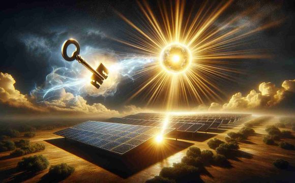 A high-definition, realistic image depicting the concept of unlocking the potential of solar energy. It should feature a bright, golden sun shining in the sky, casting rays of light towards the ground where there is a large, modern solar panel array. The sun's rays should be depicted as powerful and vibrant, symbolizing pure solar energy extending towards the solar panels. Nearby, there should also be a traditional metallic key, mid-air in movement as if it's turning into an invisible lock. The scene should convey an optimistic and powerful imagery of harnessing the renewable source of solar energy.