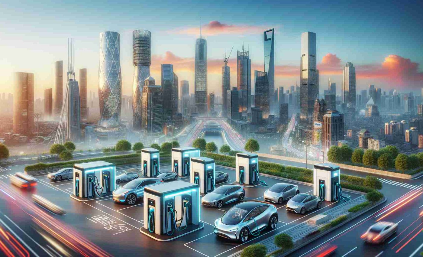 A highly detailed and realistic image representing the introduction of advanced electric vehicle (EV) charging stations in the Asian market by an unspecified tech company. The scenery should ideally showcase a modern city in Asia, with abundant skyscrapers and advanced infrastructure, displaying a series of futuristic EV charging stations. Ideally, the stations would be occupied by various electric vehicles, all representing different designs and models. The artist could also incorporate the vibrant life of the city and subtle cultural elements to reflect its Asian setting.