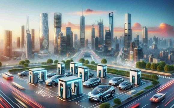 A highly detailed and realistic image representing the introduction of advanced electric vehicle (EV) charging stations in the Asian market by an unspecified tech company. The scenery should ideally showcase a modern city in Asia, with abundant skyscrapers and advanced infrastructure, displaying a series of futuristic EV charging stations. Ideally, the stations would be occupied by various electric vehicles, all representing different designs and models. The artist could also incorporate the vibrant life of the city and subtle cultural elements to reflect its Asian setting.