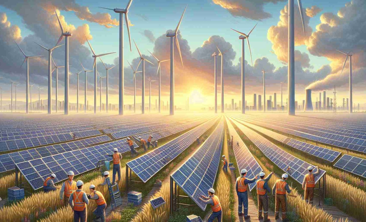 Detailed realistic image of a scene in China signifying its leading role in the renewable energy sector. Show a vast field of solar panels capturing the sun’s rays, with tall, majestic wind turbines towering in the background, against the backdrop of a serene sky dotted with occasional clouds. Depict a group of workers, half being South Asian males and the other half being Caucasian females, in safety vests and hard hats installing solar panels. Far off in the distance, show a city skyline with modern architecture suggesting technological advancement.