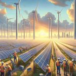 Detailed realistic image of a scene in China signifying its leading role in the renewable energy sector. Show a vast field of solar panels capturing the sun’s rays, with tall, majestic wind turbines towering in the background, against the backdrop of a serene sky dotted with occasional clouds. Depict a group of workers, half being South Asian males and the other half being Caucasian females, in safety vests and hard hats installing solar panels. Far off in the distance, show a city skyline with modern architecture suggesting technological advancement.