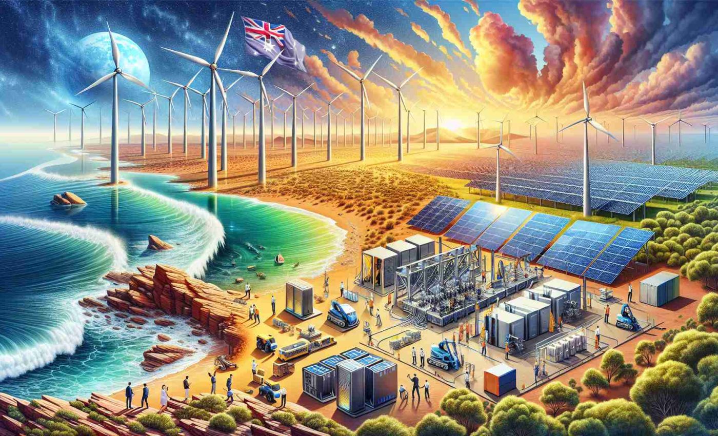 A highly-detailed, realistic depiction of new energy storage initiatives in Australia and Taiwan. The scene should include diversified solar panels in the Australian outback, showcasing renewable energy sources amidst the arid landscape. On the other hand, Taiwan's depiction should orient towards a coastal area with giant wind turbines harnessing wind energy, set against the backdrop of ocean waves. In the foreground, include various technological tools and people of different genders and descents working harmoniously, indicating international collaboration in this initiative. Complete the scene with vibrant coloring for an HD feel.