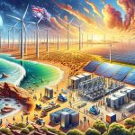 A highly-detailed, realistic depiction of new energy storage initiatives in Australia and Taiwan. The scene should include diversified solar panels in the Australian outback, showcasing renewable energy sources amidst the arid landscape. On the other hand, Taiwan's depiction should orient towards a coastal area with giant wind turbines harnessing wind energy, set against the backdrop of ocean waves. In the foreground, include various technological tools and people of different genders and descents working harmoniously, indicating international collaboration in this initiative. Complete the scene with vibrant coloring for an HD feel.