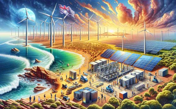 A highly-detailed, realistic depiction of new energy storage initiatives in Australia and Taiwan. The scene should include diversified solar panels in the Australian outback, showcasing renewable energy sources amidst the arid landscape. On the other hand, Taiwan's depiction should orient towards a coastal area with giant wind turbines harnessing wind energy, set against the backdrop of ocean waves. In the foreground, include various technological tools and people of different genders and descents working harmoniously, indicating international collaboration in this initiative. Complete the scene with vibrant coloring for an HD feel.