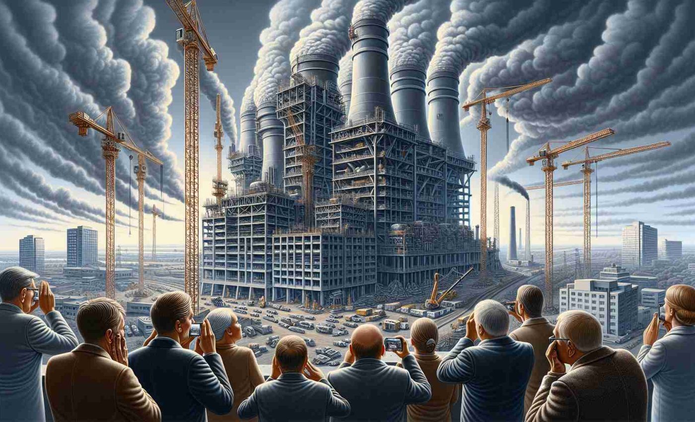 A highly detailed and realistic picture featuring the construction of a new power plant. Observers on site displaying expressions of concern. The atmoshphere is tense as cranes and workers can be seen laboriously constructing the colossal structure. A smoky sky in the backdrop suggests the impact on the environment. Fear, unease and skepticism are evident as the new power plant takes shape amidst surrounding buildings and infrastructure.