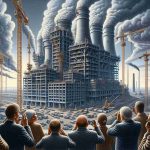 A highly detailed and realistic picture featuring the construction of a new power plant. Observers on site displaying expressions of concern. The atmoshphere is tense as cranes and workers can be seen laboriously constructing the colossal structure. A smoky sky in the backdrop suggests the impact on the environment. Fear, unease and skepticism are evident as the new power plant takes shape amidst surrounding buildings and infrastructure.