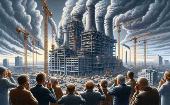 A highly detailed and realistic picture featuring the construction of a new power plant. Observers on site displaying expressions of concern. The atmoshphere is tense as cranes and workers can be seen laboriously constructing the colossal structure. A smoky sky in the backdrop suggests the impact on the environment. Fear, unease and skepticism are evident as the new power plant takes shape amidst surrounding buildings and infrastructure.