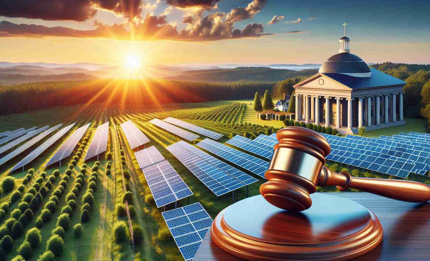 Create a high-definition, realistic image showcasing the push for new community solar projects in the state of Georgia. Visualize this as a sun shining brightly over solar panel fields with the Georgia's lush greenery in the backdrop. Include close-up details of the solar panels to show their intricate designs. Also include a visual metaphor of 'new legislation', such as a pair of well-crafted wooden gavels, to depict the legislative aspect.