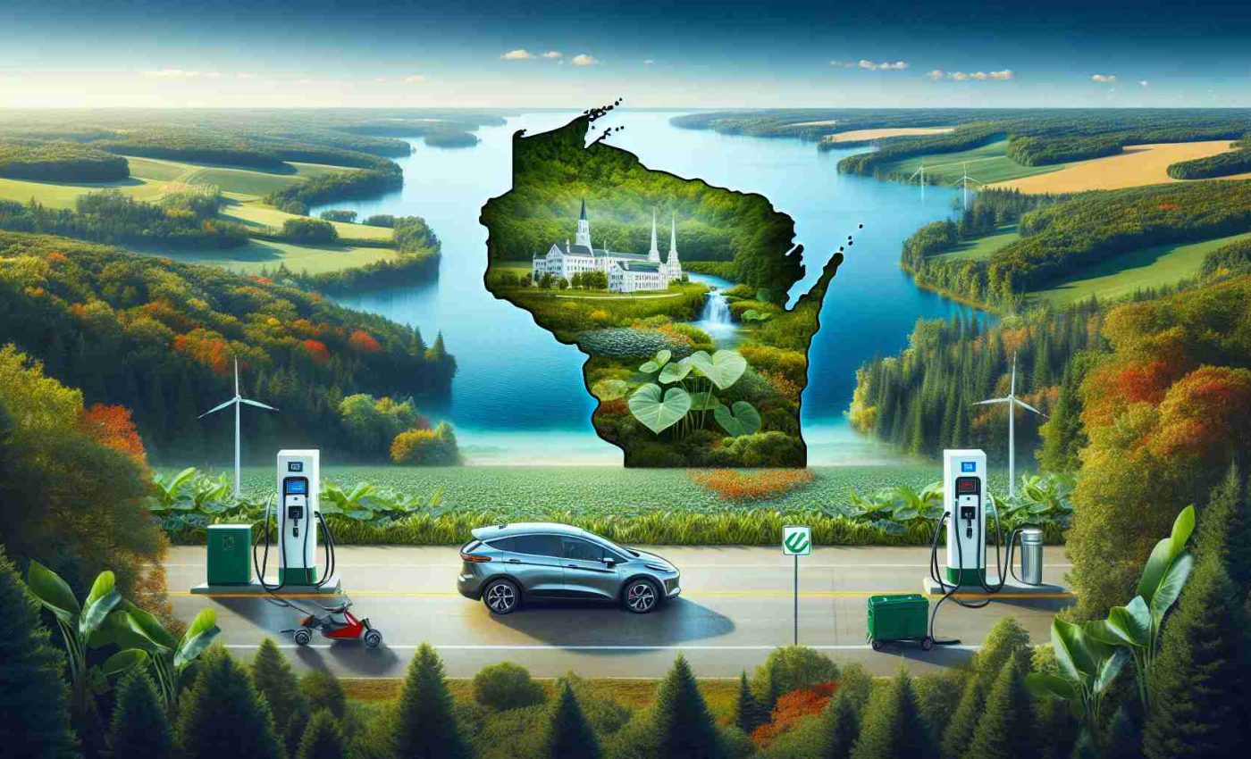 Generate a high definition, realistic image representing the state of Wisconsin. The focus should be on the natural landscapes that make up the region such as lush forests, flowing rivers, calm lakes, and vigorous farmlands to highlight its environmental richness. Feature elements related to Electric Vehicles (EVs), like charging stations in scenic locations, people of various descents and genders using EVs, or even billboards promoting the adoption of electric vehicles. The aim is to signify the launch of an Environmental Incentive Program for Electric Vehicle owners in the state.