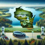 Generate a high definition, realistic image representing the state of Wisconsin. The focus should be on the natural landscapes that make up the region such as lush forests, flowing rivers, calm lakes, and vigorous farmlands to highlight its environmental richness. Feature elements related to Electric Vehicles (EVs), like charging stations in scenic locations, people of various descents and genders using EVs, or even billboards promoting the adoption of electric vehicles. The aim is to signify the launch of an Environmental Incentive Program for Electric Vehicle owners in the state.