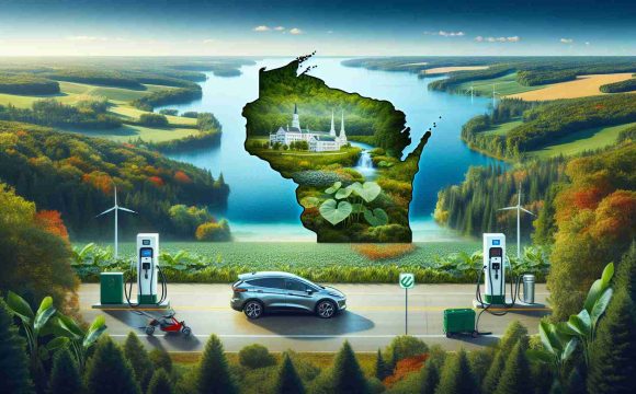 Generate a high definition, realistic image representing the state of Wisconsin. The focus should be on the natural landscapes that make up the region such as lush forests, flowing rivers, calm lakes, and vigorous farmlands to highlight its environmental richness. Feature elements related to Electric Vehicles (EVs), like charging stations in scenic locations, people of various descents and genders using EVs, or even billboards promoting the adoption of electric vehicles. The aim is to signify the launch of an Environmental Incentive Program for Electric Vehicle owners in the state.