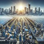 A high-definition, realistic image depicting the advancement of solar energy in the United States market. The image should show a diverse group of engineers, both men and women from different descents such as Caucasian, Hispanic, Black, Middle-Eastern, and South Asian, working on solar panels with a backdrop of a modern cityscape. The foreground should display an array of solar panels lit by the sun, while the middle ground could show technicians examining the panels. The background should show the city skyline with solar panels on many rooftops, symbolizing the widespread adoption of solar energy.