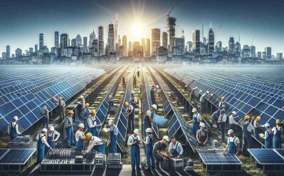 A high-definition, realistic image depicting the advancement of solar energy in the United States market. The image should show a diverse group of engineers, both men and women from different descents such as Caucasian, Hispanic, Black, Middle-Eastern, and South Asian, working on solar panels with a backdrop of a modern cityscape. The foreground should display an array of solar panels lit by the sun, while the middle ground could show technicians examining the panels. The background should show the city skyline with solar panels on many rooftops, symbolizing the widespread adoption of solar energy.