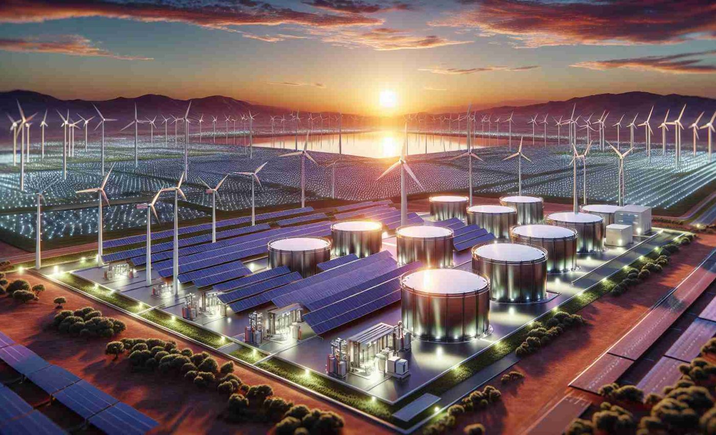 A high-definition and realistic visualization of the next era of sustainable energy storage solutions. Picture a landscape featuring state-of-the-art installations of renewable energy, perhaps including vast solar panel fields reflecting the sunlight, wind farms spinning gently in the breeze, and innovative energy storage facilities. The setting is at sunset, painting the sky with hues of orange, pink, and purple, casting a soft glow on these modern marvels of technology, symbolizing the transition towards a more sustainable future.