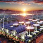 A high-definition and realistic visualization of the next era of sustainable energy storage solutions. Picture a landscape featuring state-of-the-art installations of renewable energy, perhaps including vast solar panel fields reflecting the sunlight, wind farms spinning gently in the breeze, and innovative energy storage facilities. The setting is at sunset, painting the sky with hues of orange, pink, and purple, casting a soft glow on these modern marvels of technology, symbolizing the transition towards a more sustainable future.