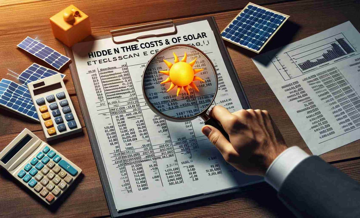 Create a high-definition, realistic depiction of an investigation uncovering the hidden costs of solar loans. The scene could include spreadsheets with calculations, financial documents related to solar energy resources, someone scrutinizing the data intensely, a symbolic representation of solar energy (like a solar panel or sun), and a visual metaphor for hidden costs (like obscured text or a concealed folder).