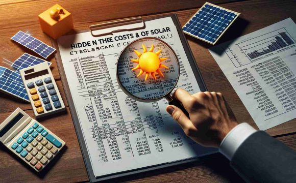 Create a high-definition, realistic depiction of an investigation uncovering the hidden costs of solar loans. The scene could include spreadsheets with calculations, financial documents related to solar energy resources, someone scrutinizing the data intensely, a symbolic representation of solar energy (like a solar panel or sun), and a visual metaphor for hidden costs (like obscured text or a concealed folder).