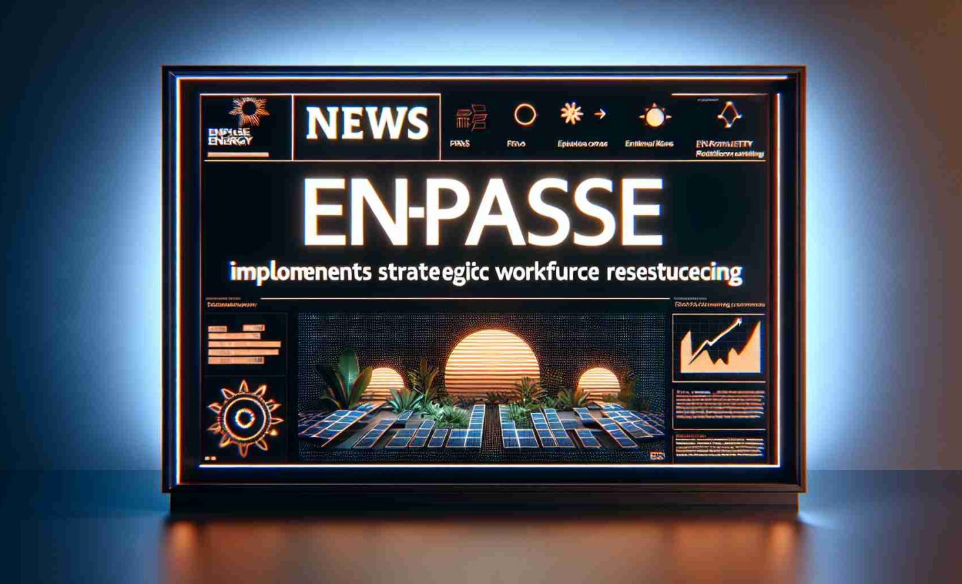 Generate an image of a headline news stating: 'Enphase Energy Implements Strategic Workforce Restructuring'. Make it as realistic as possible, capturing the essence of the news piece on a large, high-resolution HD screen display. Use aesthetic fonts for the headline and illuminating graphics related to renewable energy and workforce to emphasize the narrative. Please do not depict any specific individuals or copyrighted symbols.