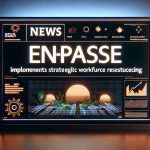 Generate an image of a headline news stating: 'Enphase Energy Implements Strategic Workforce Restructuring'. Make it as realistic as possible, capturing the essence of the news piece on a large, high-resolution HD screen display. Use aesthetic fonts for the headline and illuminating graphics related to renewable energy and workforce to emphasize the narrative. Please do not depict any specific individuals or copyrighted symbols.