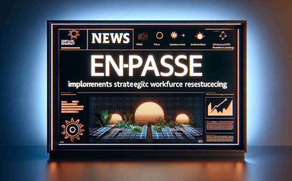 Generate an image of a headline news stating: 'Enphase Energy Implements Strategic Workforce Restructuring'. Make it as realistic as possible, capturing the essence of the news piece on a large, high-resolution HD screen display. Use aesthetic fonts for the headline and illuminating graphics related to renewable energy and workforce to emphasize the narrative. Please do not depict any specific individuals or copyrighted symbols.