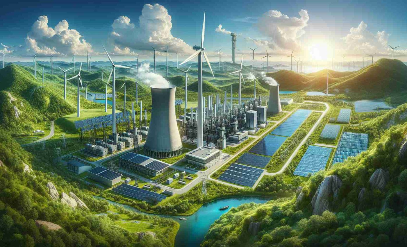 Create a realistic, high-definition image representing the concept of green innovation in sustainable energy production. Show a modern, eco-friendly power plant with wind turbines majestically turning in the wind, solar panels gleaming under the clear blue sky, and geothermal energy being harvested from deep within the earth. The landscape around the plant is lush and green, signifying a balance between technology and nature. Nearby, a small stream flows smoothly, symbolizing the use of hydropower. The image should be saturated with vibrant hues of green to represent the hope and promise of renewable energy.