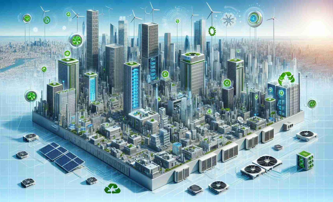 A detailed high-definition depiction of an innovative urban energy consumption scene centered around modern cooling systems. Illustrate a sprawling cityscape with numerous skyscrapers whose exteriors are equipped with state-of-the-art, energy-efficient coolers. Emphasize the futuristic designs of the cooling systems, capturing their sophisticated structures and the green, energy-saving technology they employ. Include visuals of recycling air units, solar panels, and other sustainable methods in the scene. Display their integration into the city's architecture, contrasting with an azure sky in the background, symbolizing a revolution in urban energy consumption.