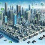 A detailed high-definition depiction of an innovative urban energy consumption scene centered around modern cooling systems. Illustrate a sprawling cityscape with numerous skyscrapers whose exteriors are equipped with state-of-the-art, energy-efficient coolers. Emphasize the futuristic designs of the cooling systems, capturing their sophisticated structures and the green, energy-saving technology they employ. Include visuals of recycling air units, solar panels, and other sustainable methods in the scene. Display their integration into the city's architecture, contrasting with an azure sky in the background, symbolizing a revolution in urban energy consumption.