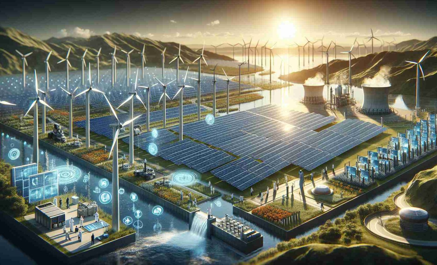 A high-definition, realistic image showcasing the future of sustainable energy. The image contains a large-scale solar farm in the foreground, with numerous solar panels reflecting the bright sunlight. Wind turbines dot the horizon in the distance, their blades turning gently in the wind. In the middle ground, there is a hydroelectric dam, with water flowing rapidly beneath it, signifying hydropower. Throughout the scene, people are visible working and conducting research - include a Caucasian male scientist in a lab coat inspecting solar panels, a Hispanic female engineer operating the dam system, a Black male researcher studying wind velocity near the turbines, and a South Asian female analyst holding plans for future sustainable projects.